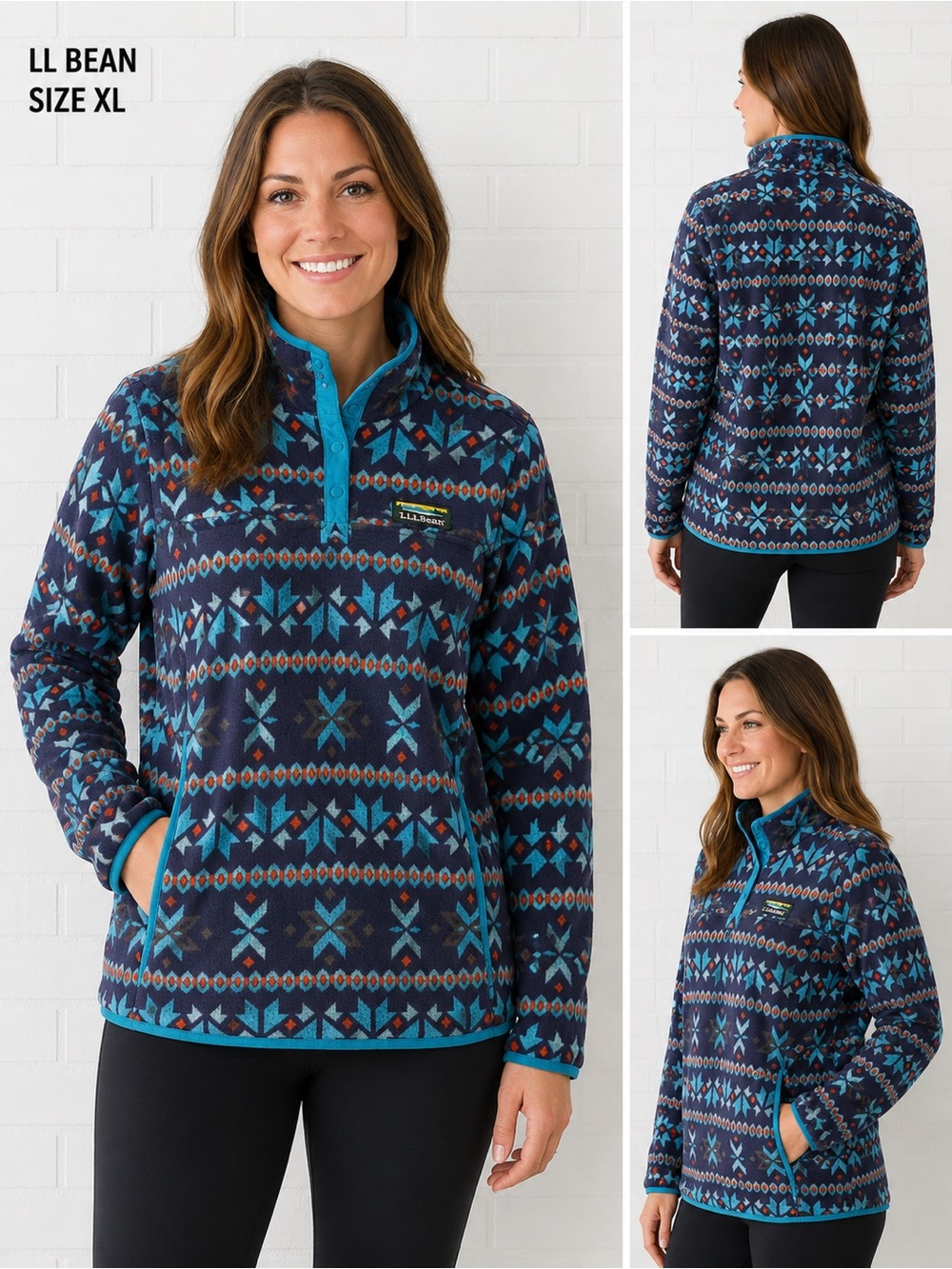L.L.Bean XL Fleece Pullover Blue Fair Isle Aztec Print Quarter Snap Jacket